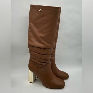 Dee Ocleppo Tan Leather Slouch Knee Boots Size 8 NWT with Gold Block Heel